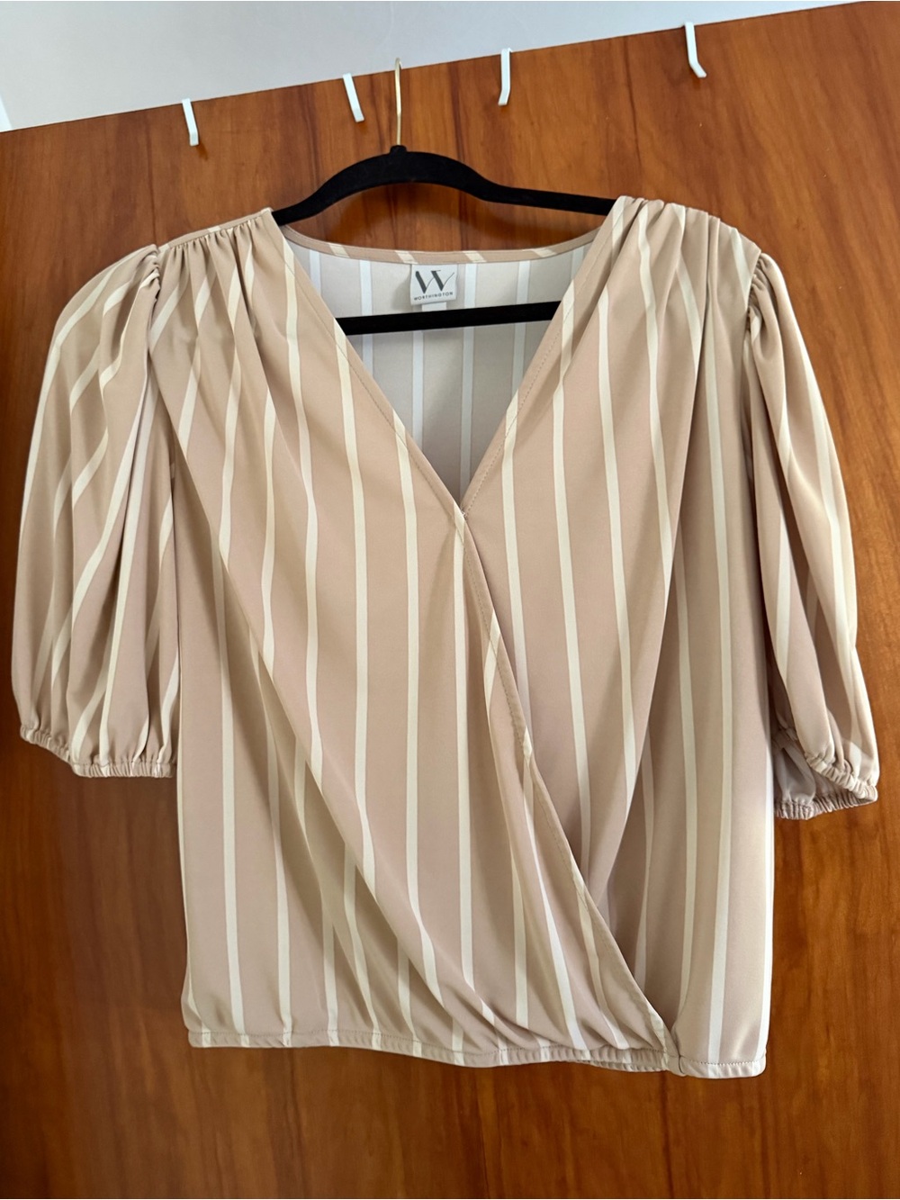 Worthington Beige and Cream Striped Wrap Blouse